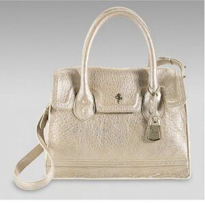 💲598 COLE HAAN Lambskin Satchel Handbag Brooke Silver Gold Metallic Leather Gol